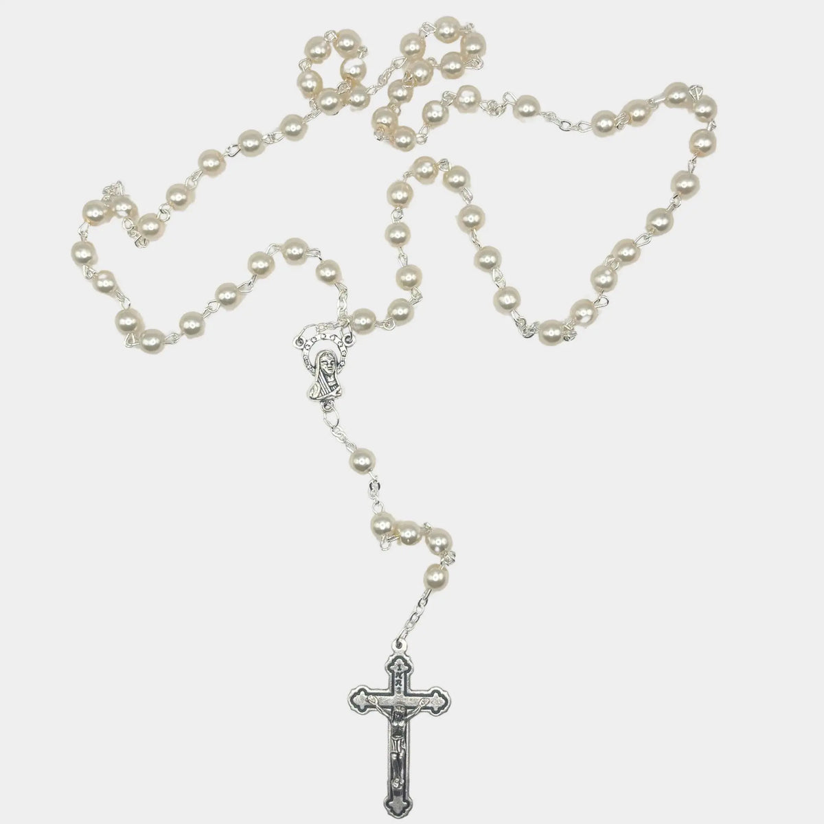 Joli Chapelet En Perles Naturelles Blanches – Vierge Dans La Croix (occasion Douce)