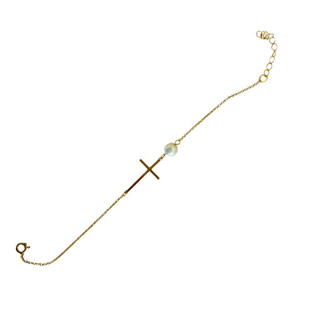 Bracelet Croix Horizontale – Argent Plaqué Or & Perles d’Eau Douce