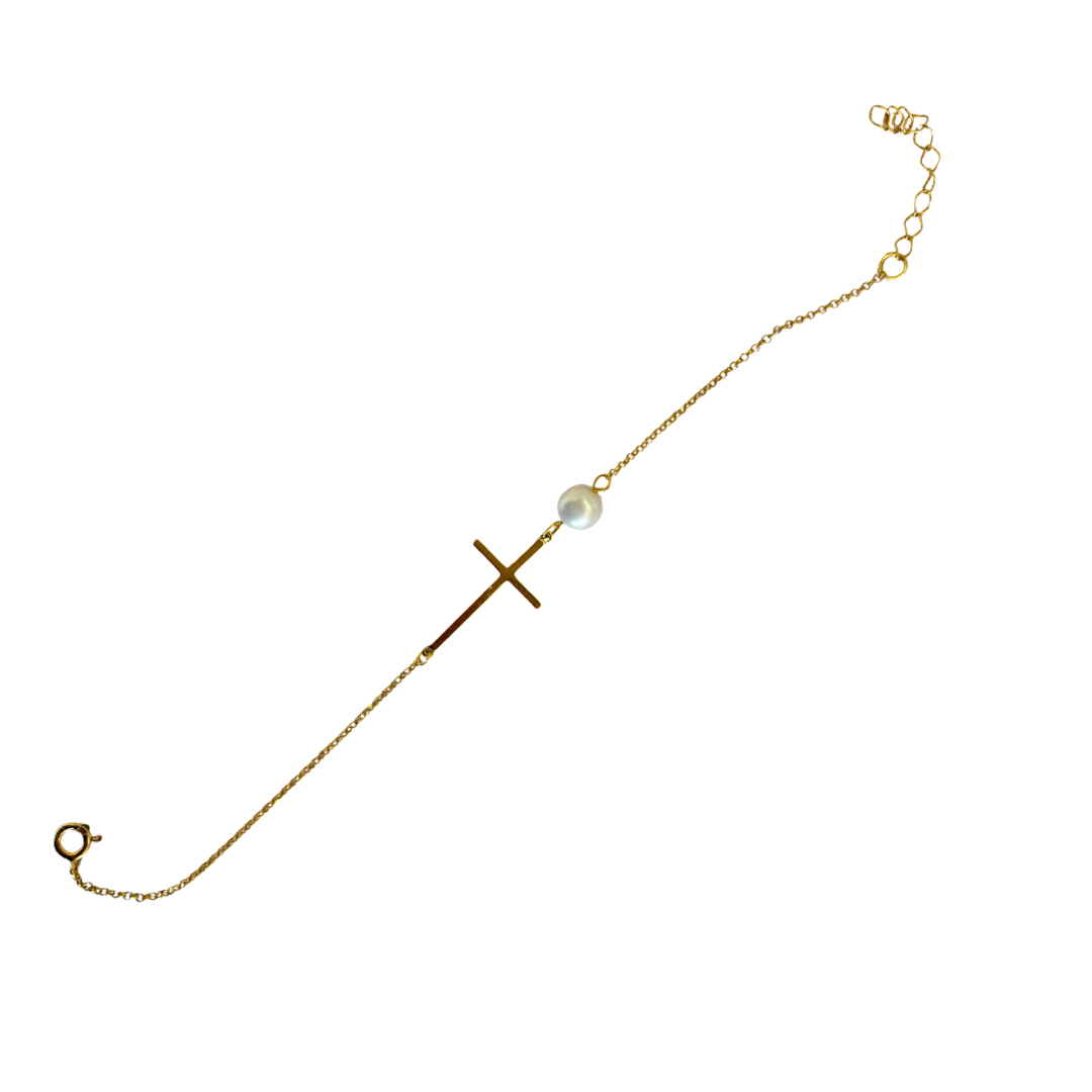 Bracelet Croix Horizontale – Argent Plaqué Or & Perles d’Eau Douce