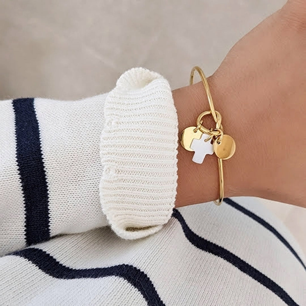 Bracelet jonc Cœur avec médaille à graver et croix en nacre