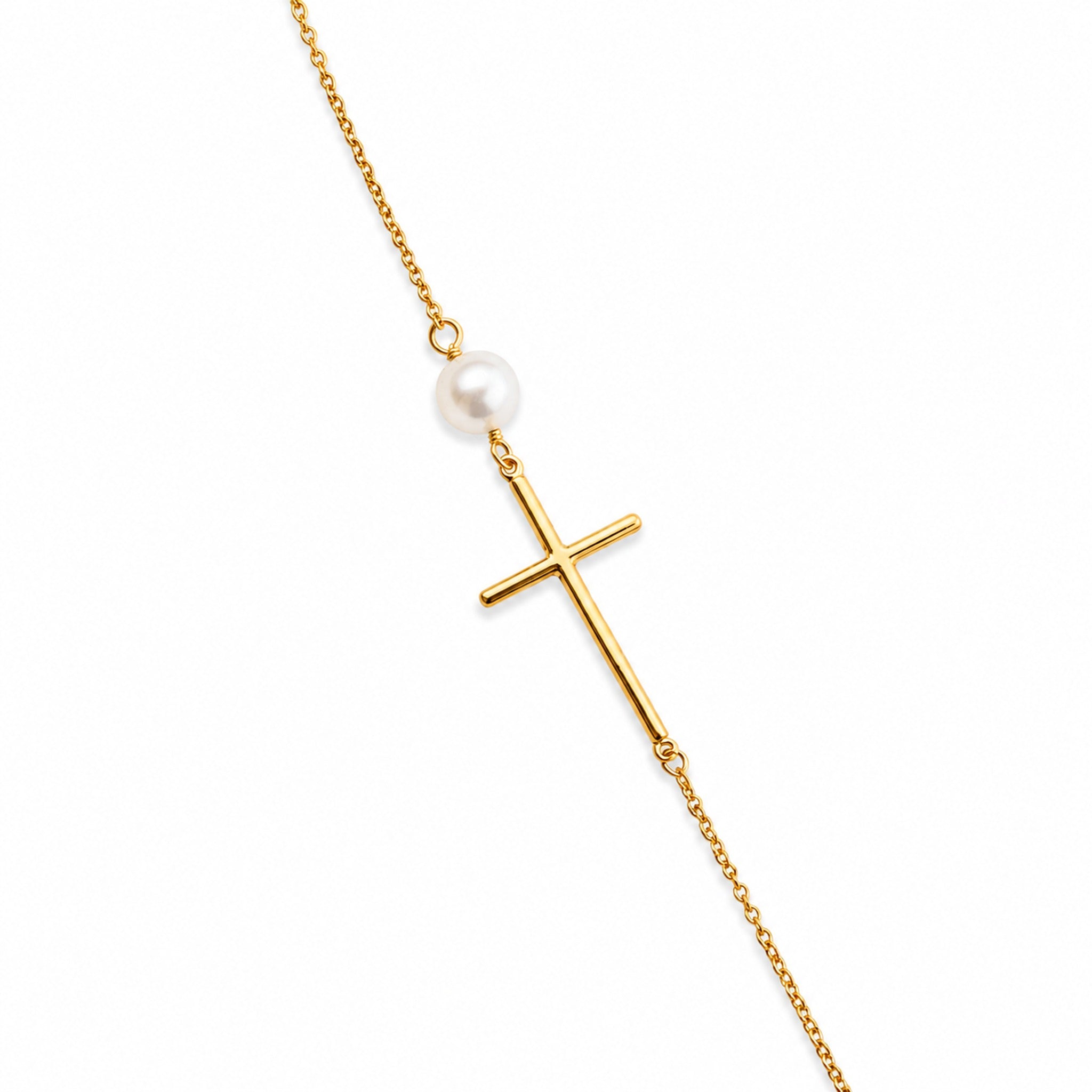 Bracelet Croix Horizontale – Argent Plaqué Or & Perles d’Eau Douce