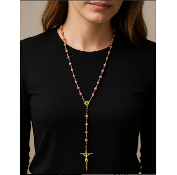 Chapelet Ester – Perles Roses & Croix en Argent 925 - Vue secondaire
