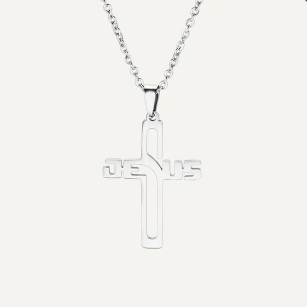 Collier Croix Jésus en Acier Inoxydable - vue de près argent 