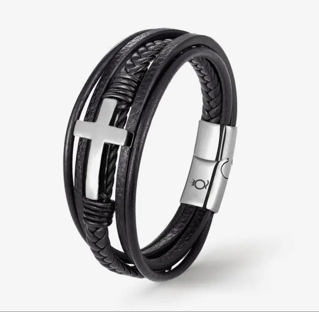Bracelet David Cuir et Acier Inoxydable - Bijoux Croix 
