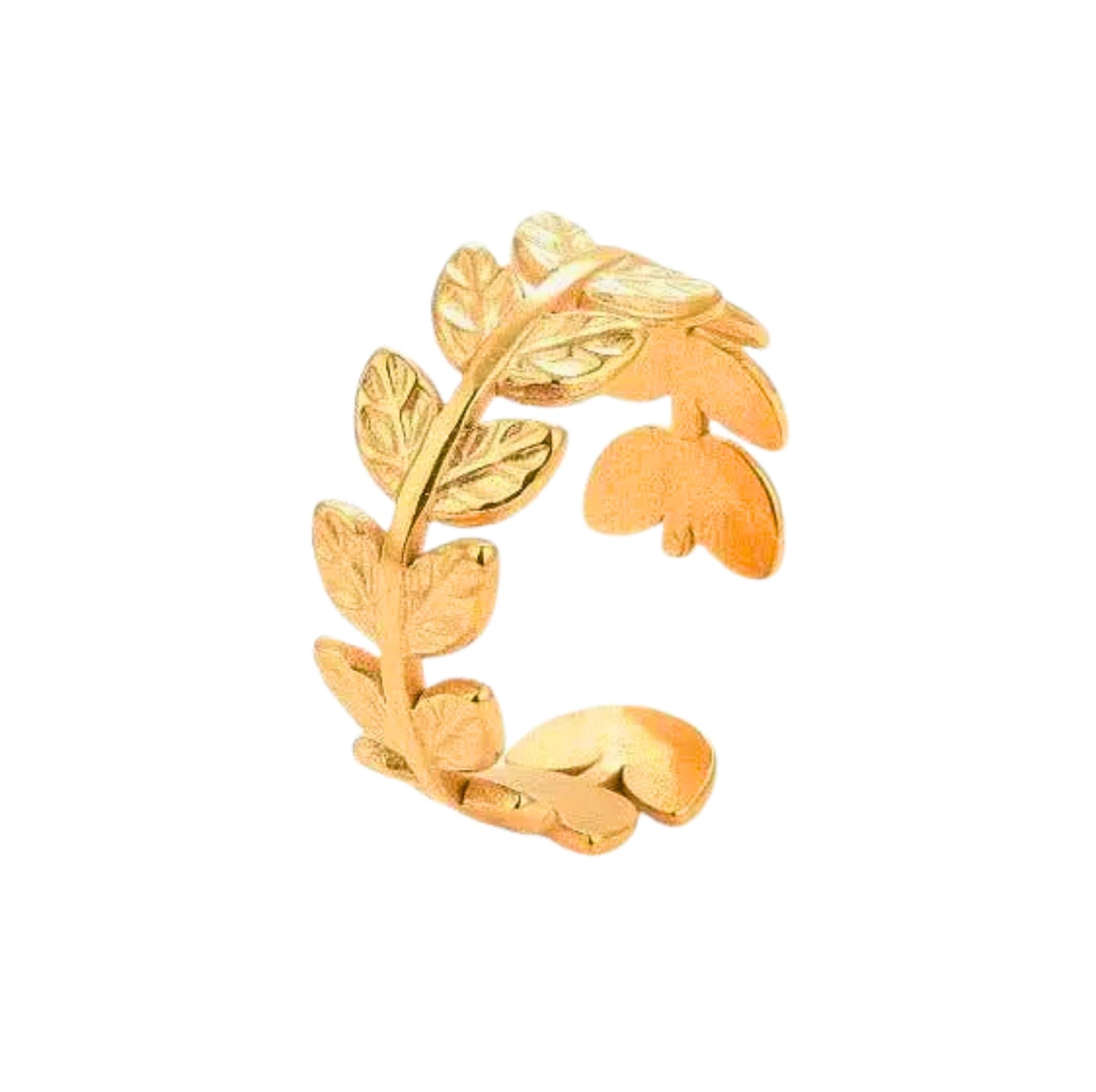 Bague Rameaux dorée ornée de feuilles en acier inoxydable plaqué or