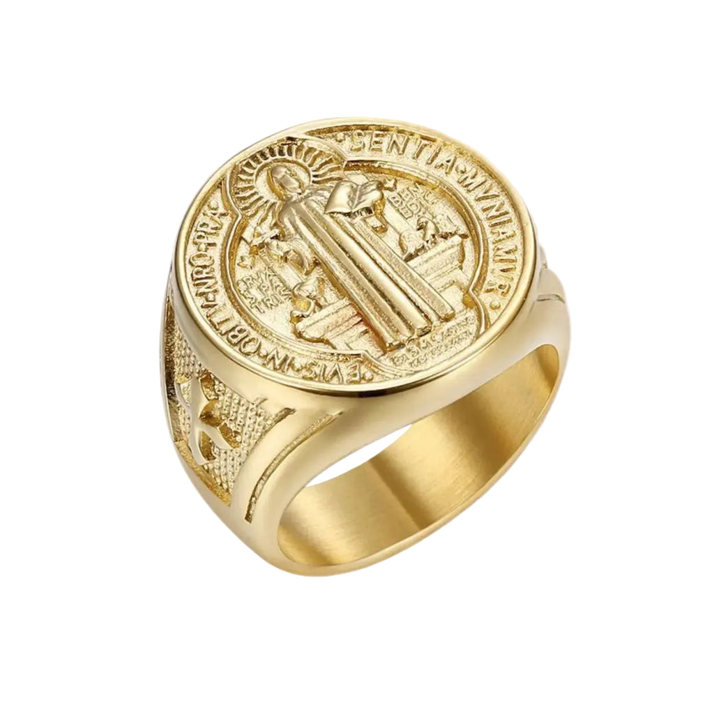Bague Saint Benoît – Acier Inoxydable couleur or