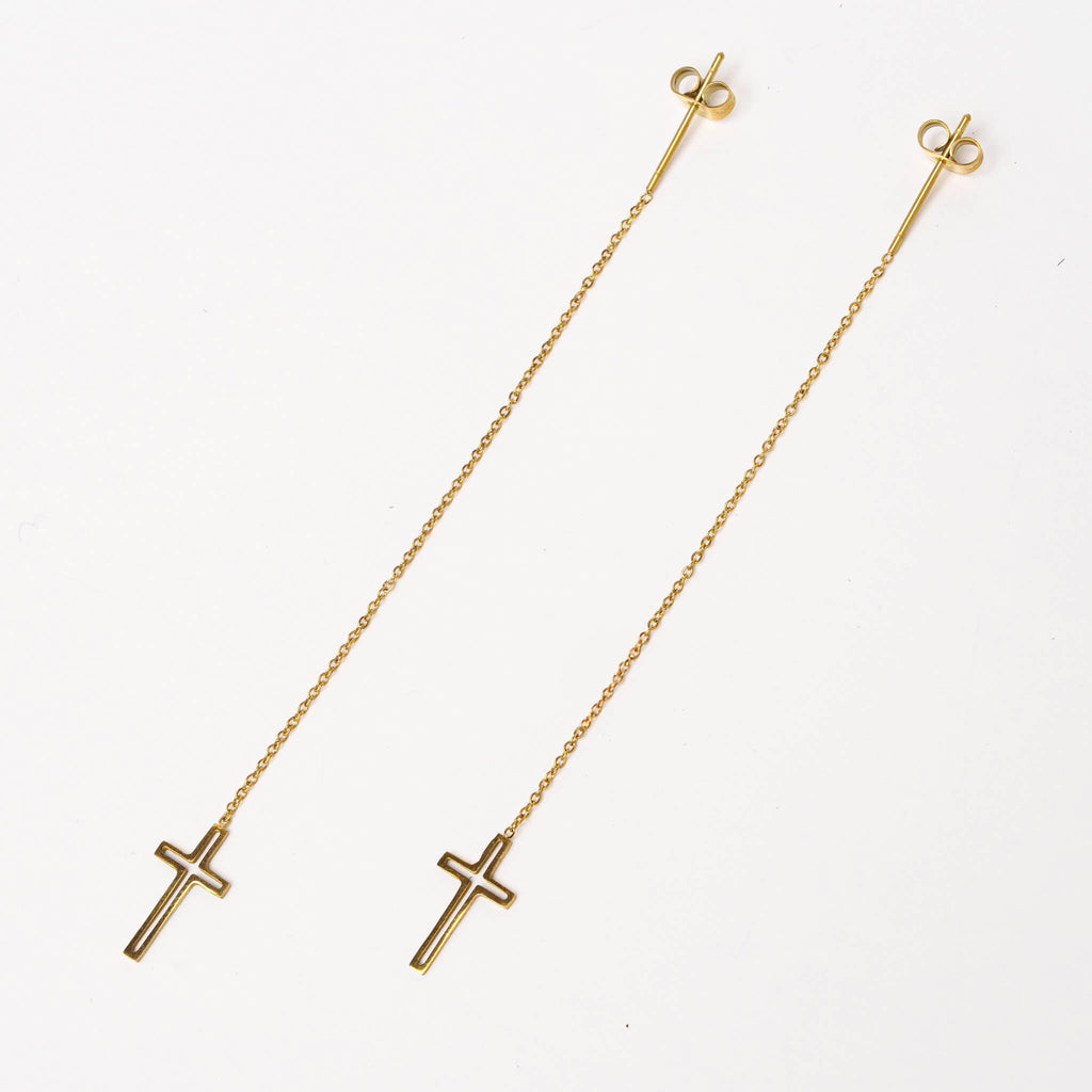 Boucles d’oreilles Nika Pendantes en Acier inoxydable - Plaqué Or - Bijoux Croix
