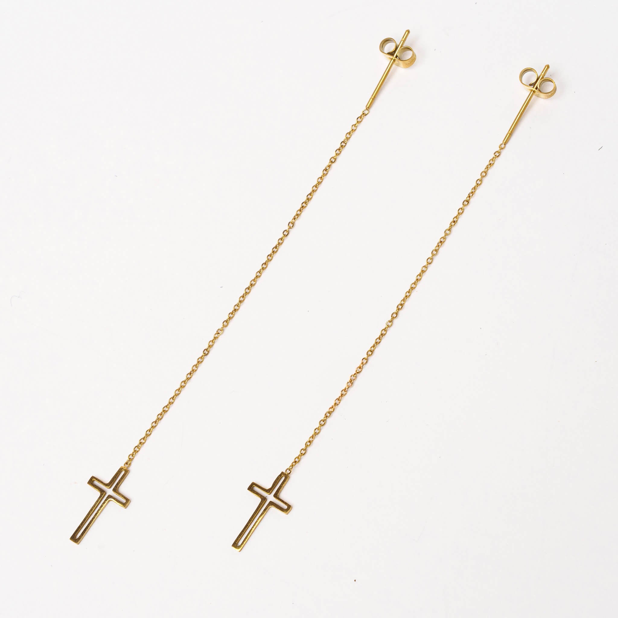 Boucles d’oreilles Nika Pendantes en Acier inoxydable - Plaqué Or - Bijoux Croix