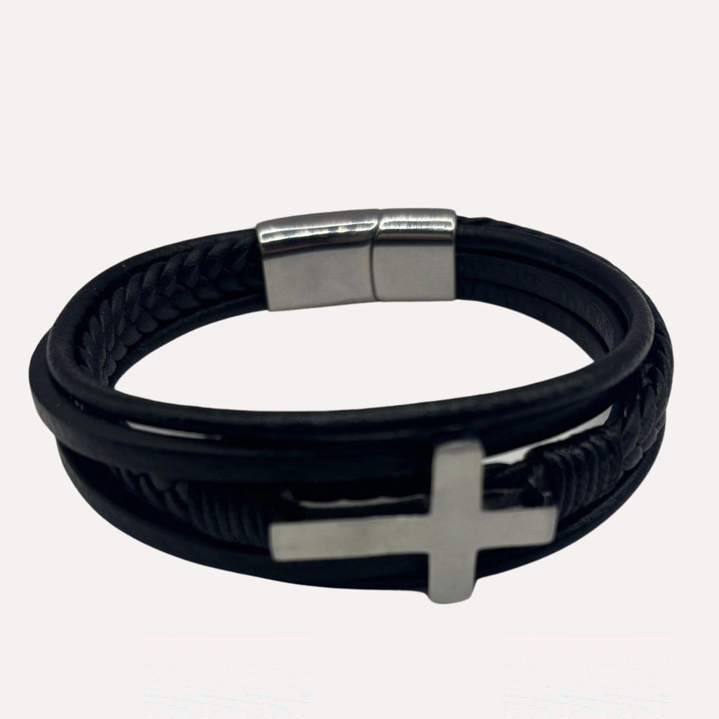Bracelet David Cuir et Acier Inoxydable - Finition Argent - Bijoux Croix