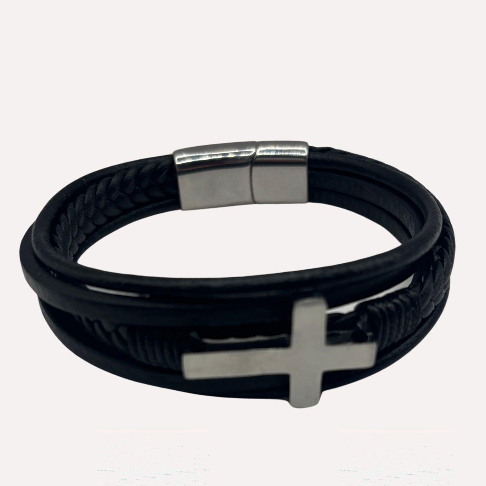 Bracelet David Cuir et Acier Inoxydable - Finition Argent - Bijoux Croix