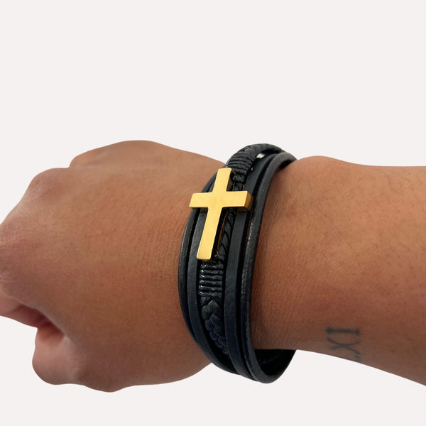 Bracelet David Cuir et Acier Inoxydable - Finition dorée - Vue secondaire