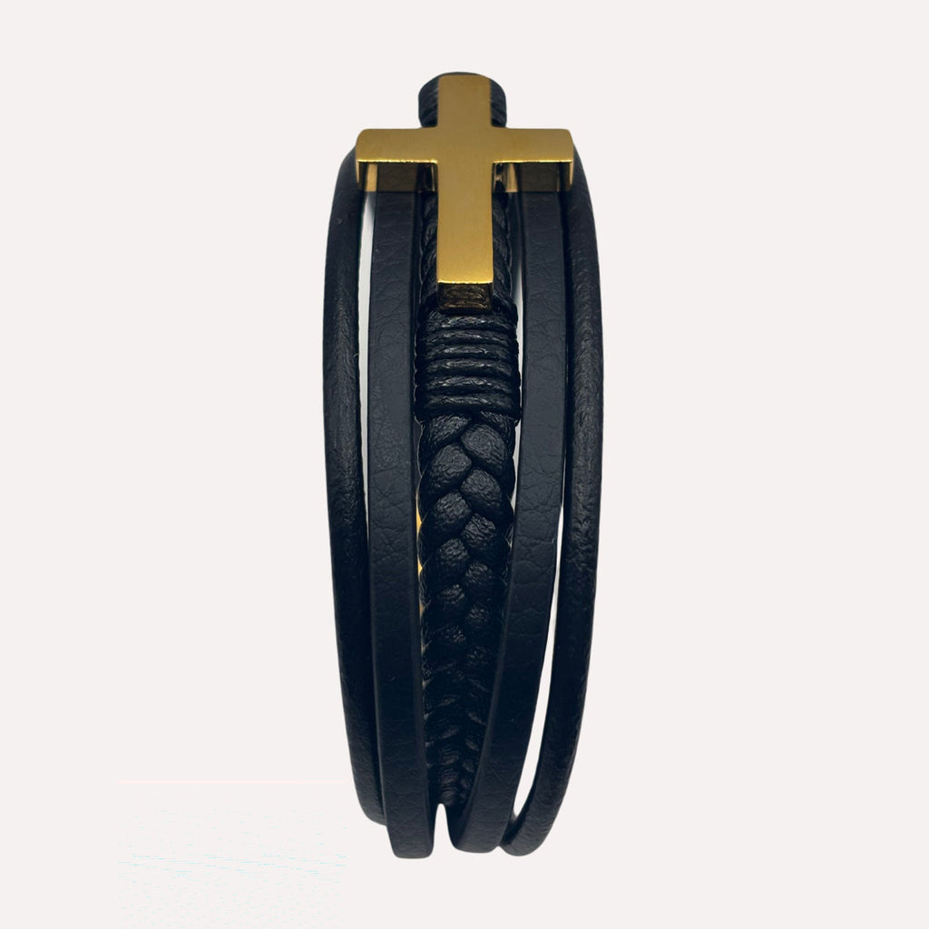 Bracelet David Cuir et Acier Inoxydable - Finition dorée - Bijoux Croix