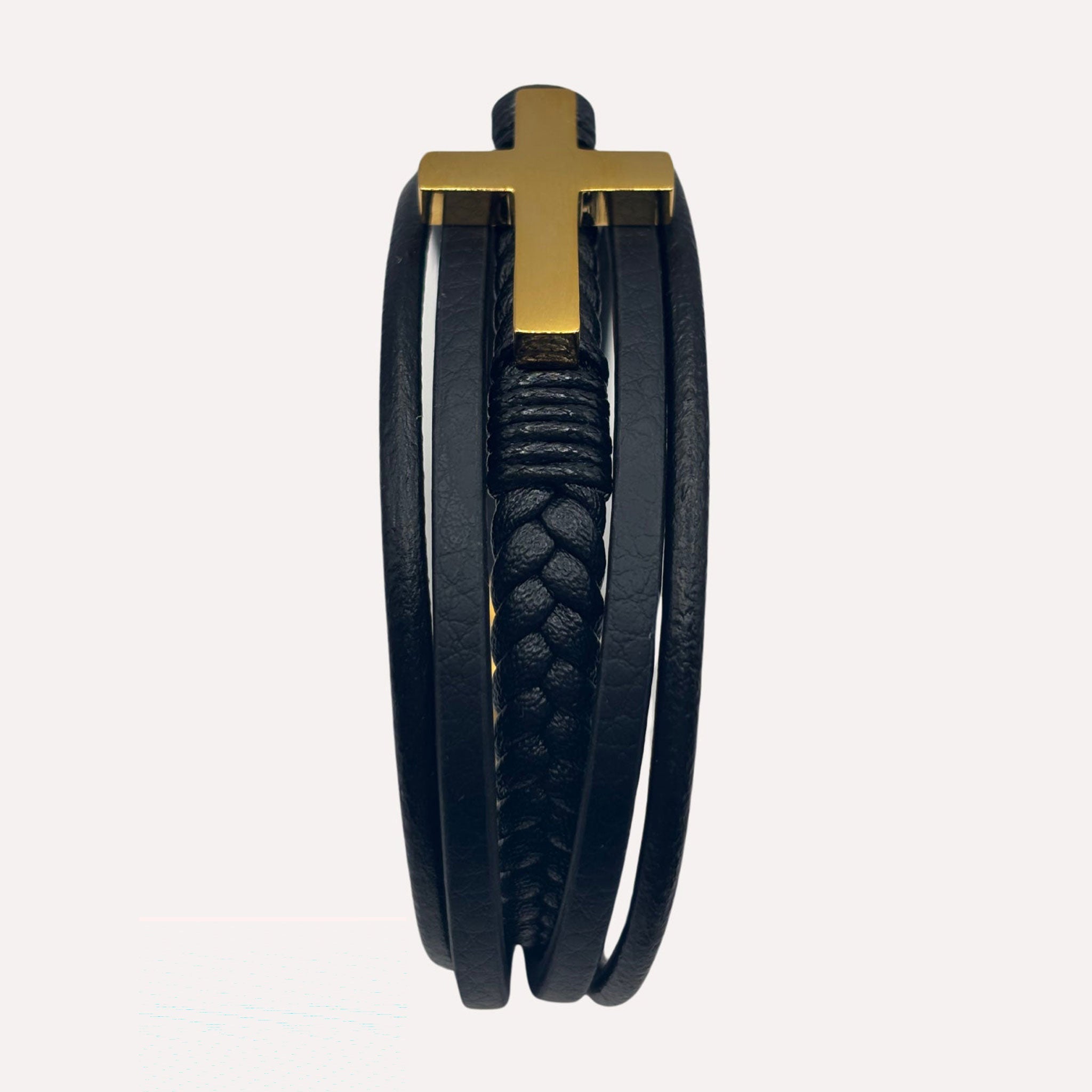 Bracelet David Cuir et Acier Inoxydable - Finition dorée - Bijoux Croix