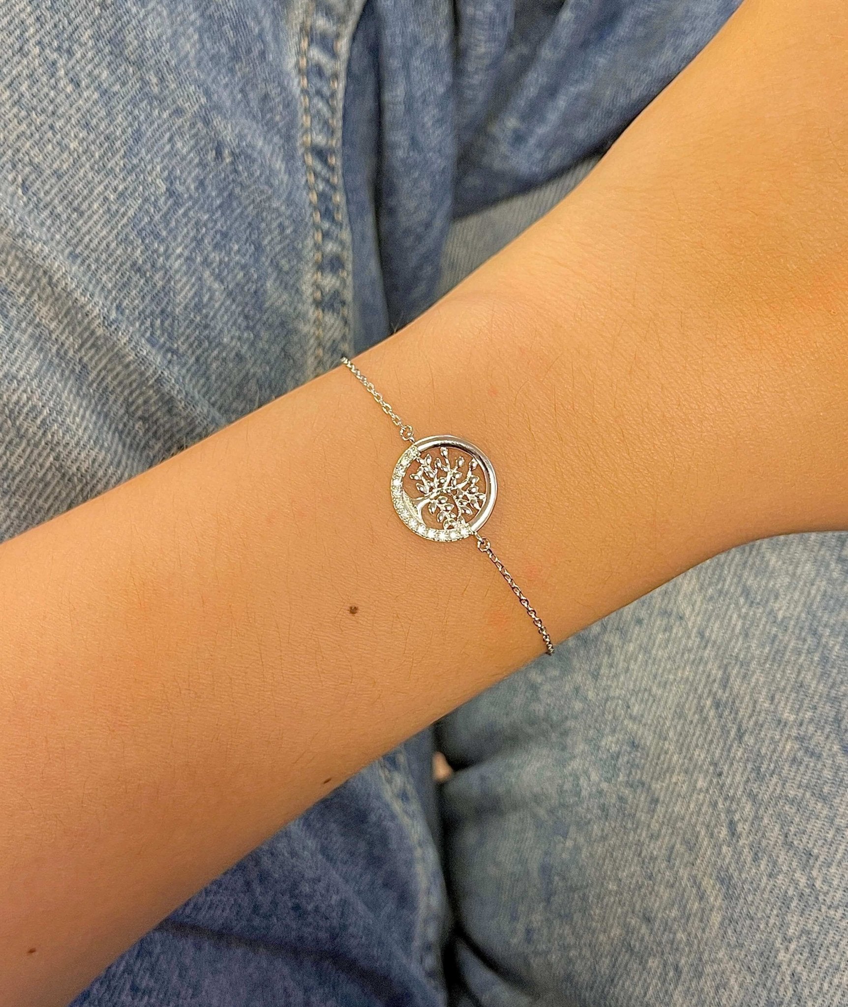 Gourmette Arbre de Vie en Argent 925 Rhodié & Zircon - Bijoux Croix