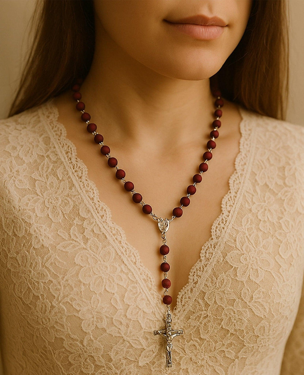 Chapelet Bois Parfumé à la Rose - Bijoux Croix