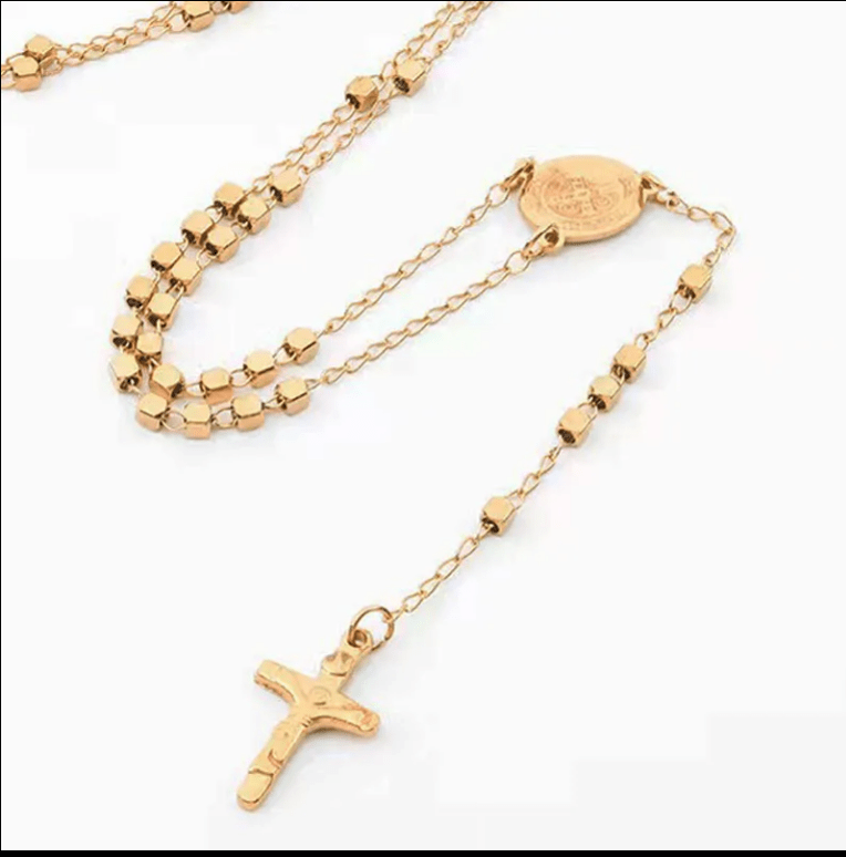 Chapelet doré Judith – Perles Carrées Dorées & Croix en Acier Inoxydable - Bijoux Croix