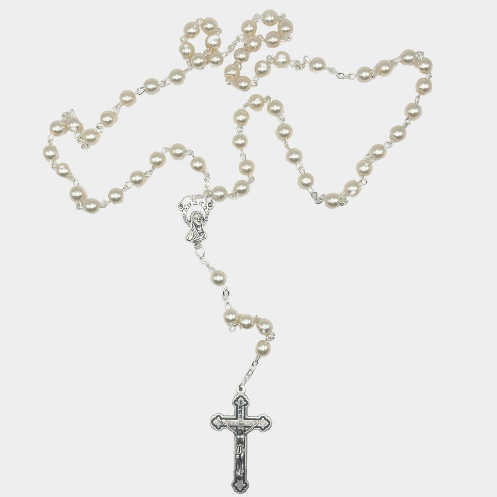 Chapelet en perles blanches et Argent 925 - Bijoux Croix