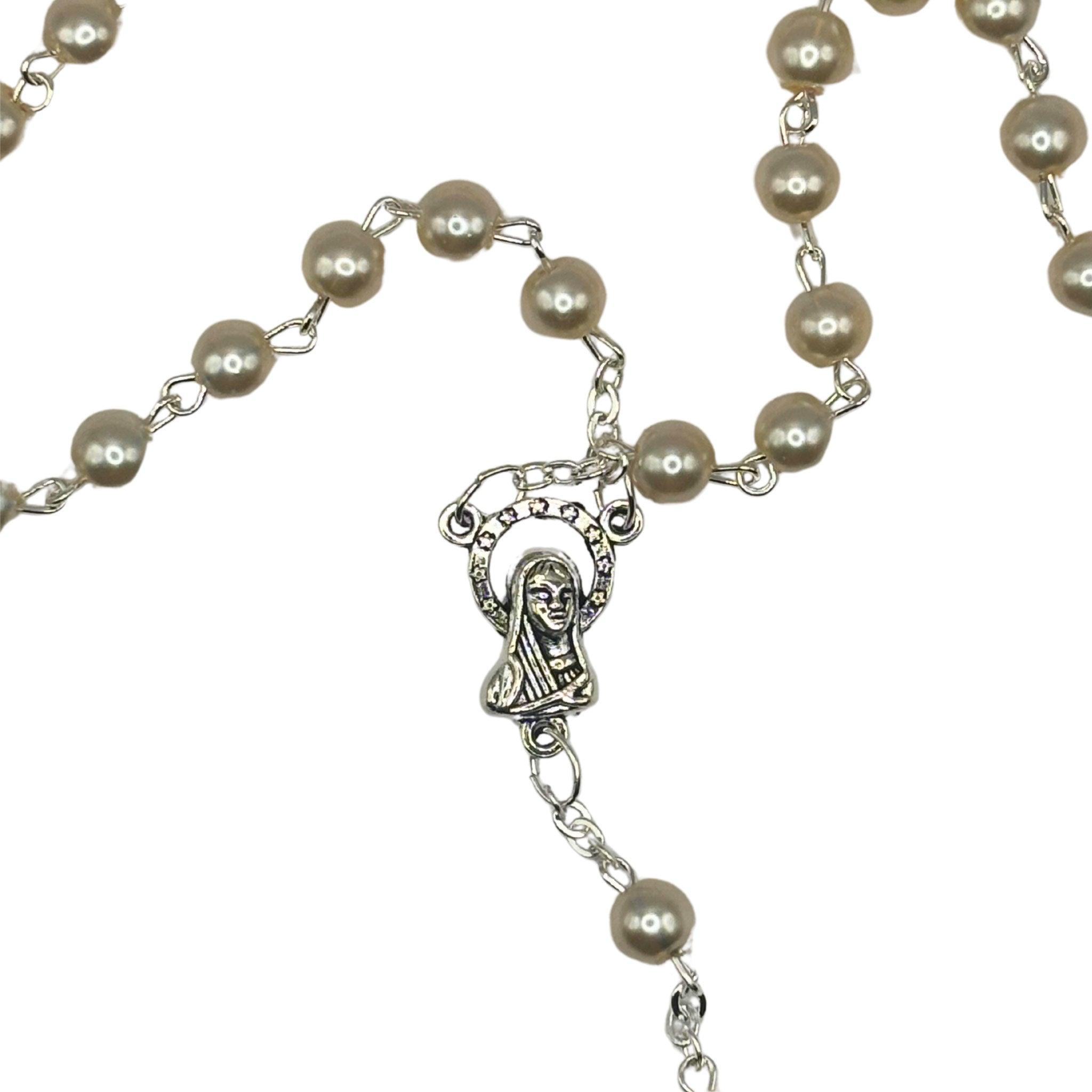 Chapelet en perles blanches et Argent 925 - Bijoux Croix