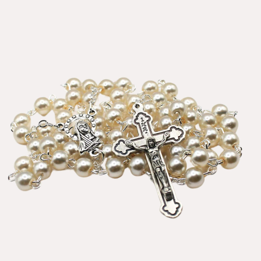 Chapelet en perles blanches et Argent 925 - Bijoux Croix