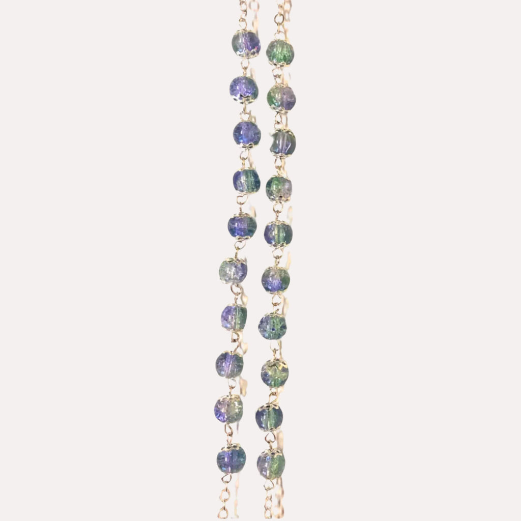 Chapelet en Verre de Cristal Vert et Violet - Bijoux Croix