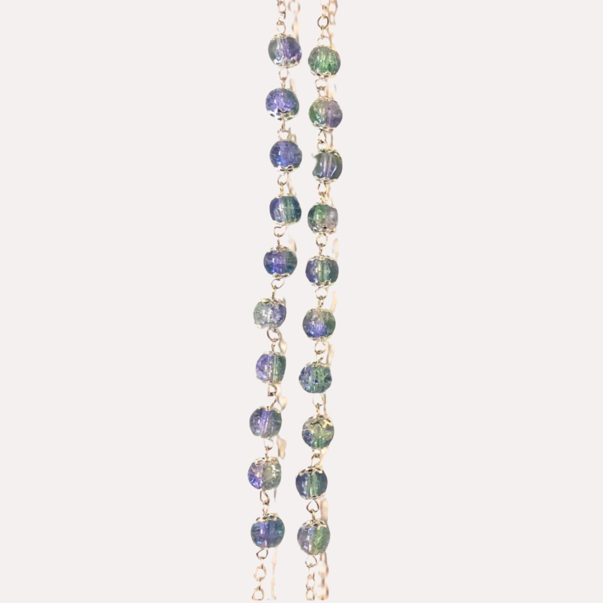 Chapelet en Verre de Cristal Vert et Violet - Bijoux Croix