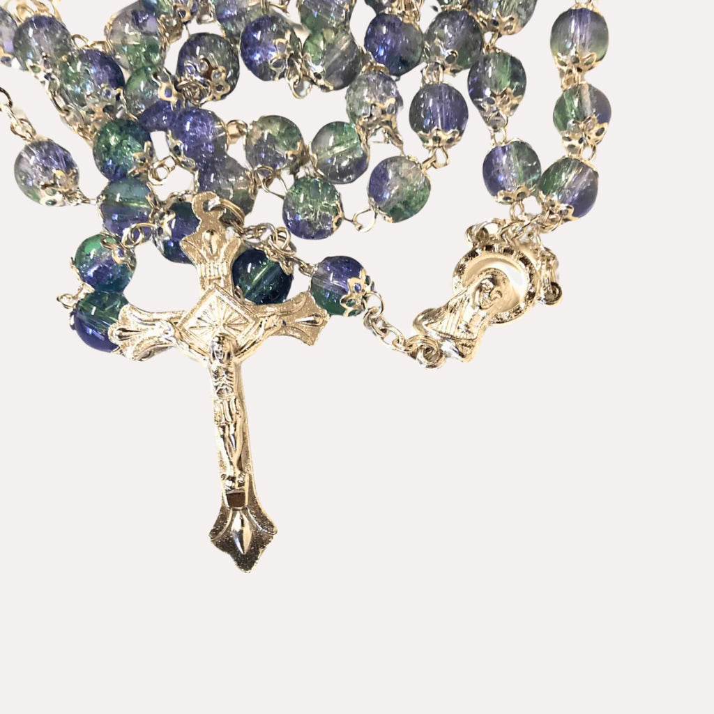 Chapelet en Verre de Cristal Vert et Violet - Bijoux Croix