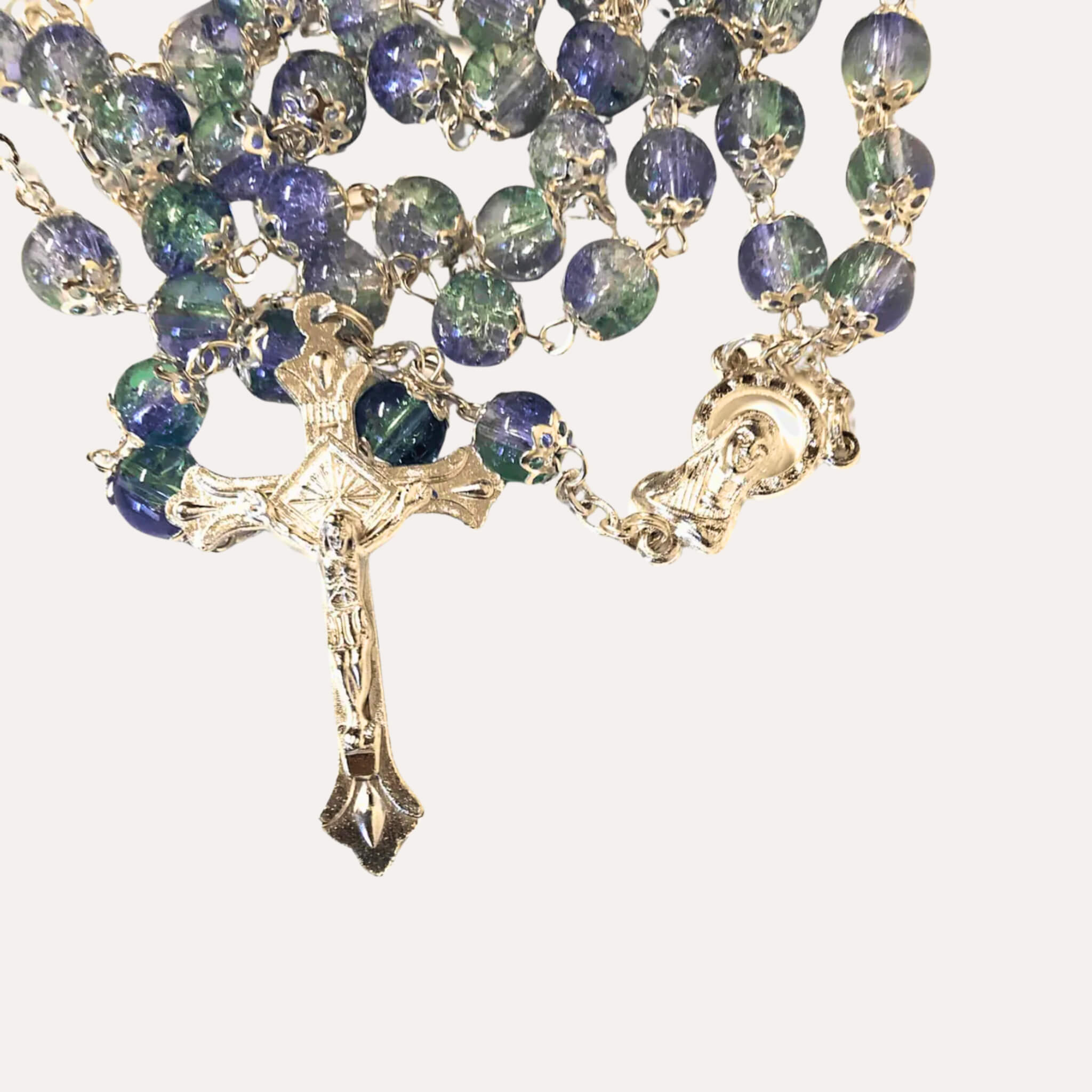 Chapelet en Verre de Cristal Vert et Violet - Bijoux Croix