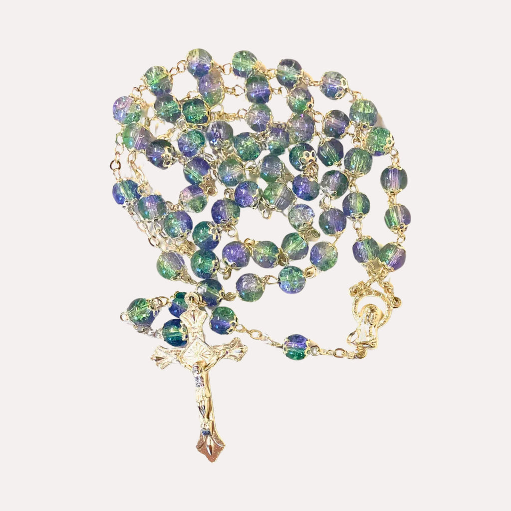 Chapelet en Verre de Cristal Vert et Violet - Bijoux Croix