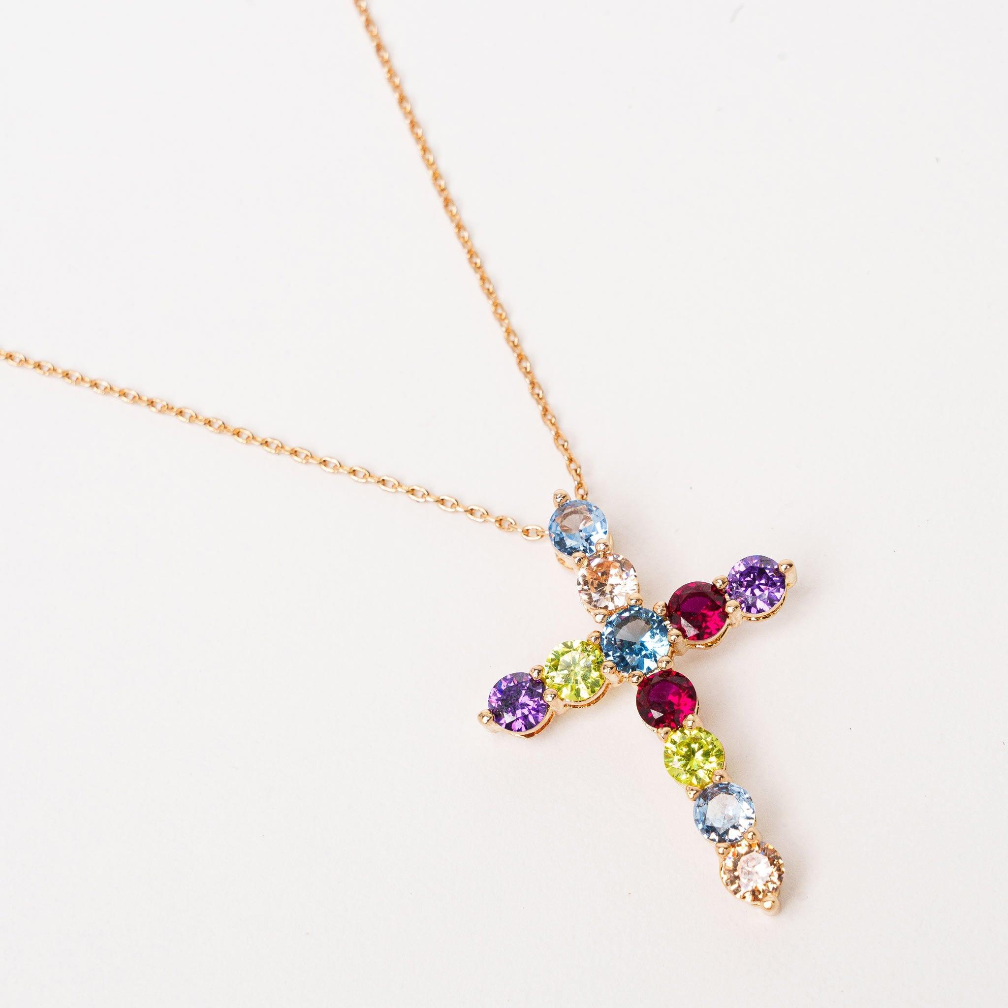 Collier Rachel en Plaqué or et Oxydes de zirconium multicolores - Bijoux Croix