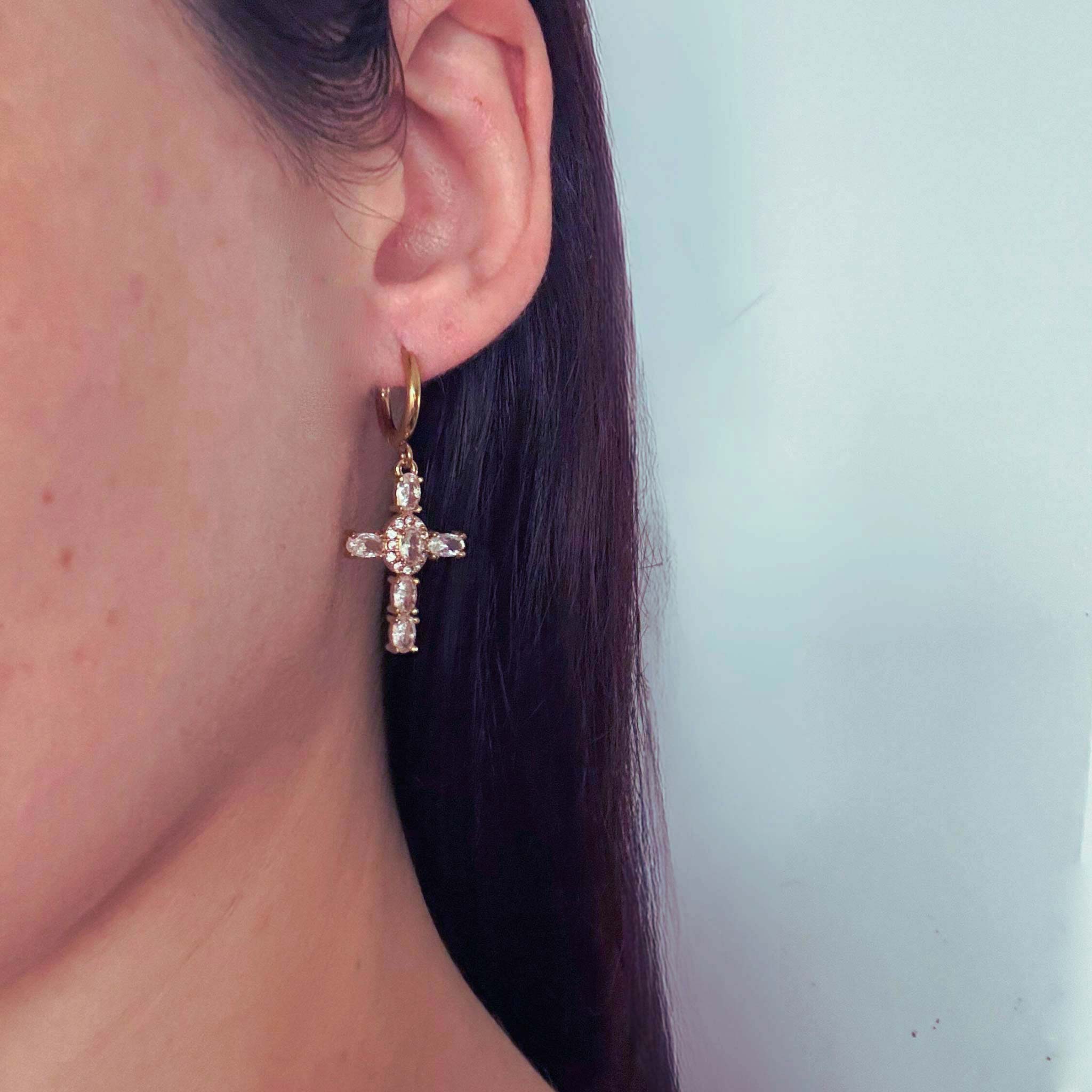 Boucles d’oreilles Croix Hosanna – Blanc Éclat - Bijoux Croix