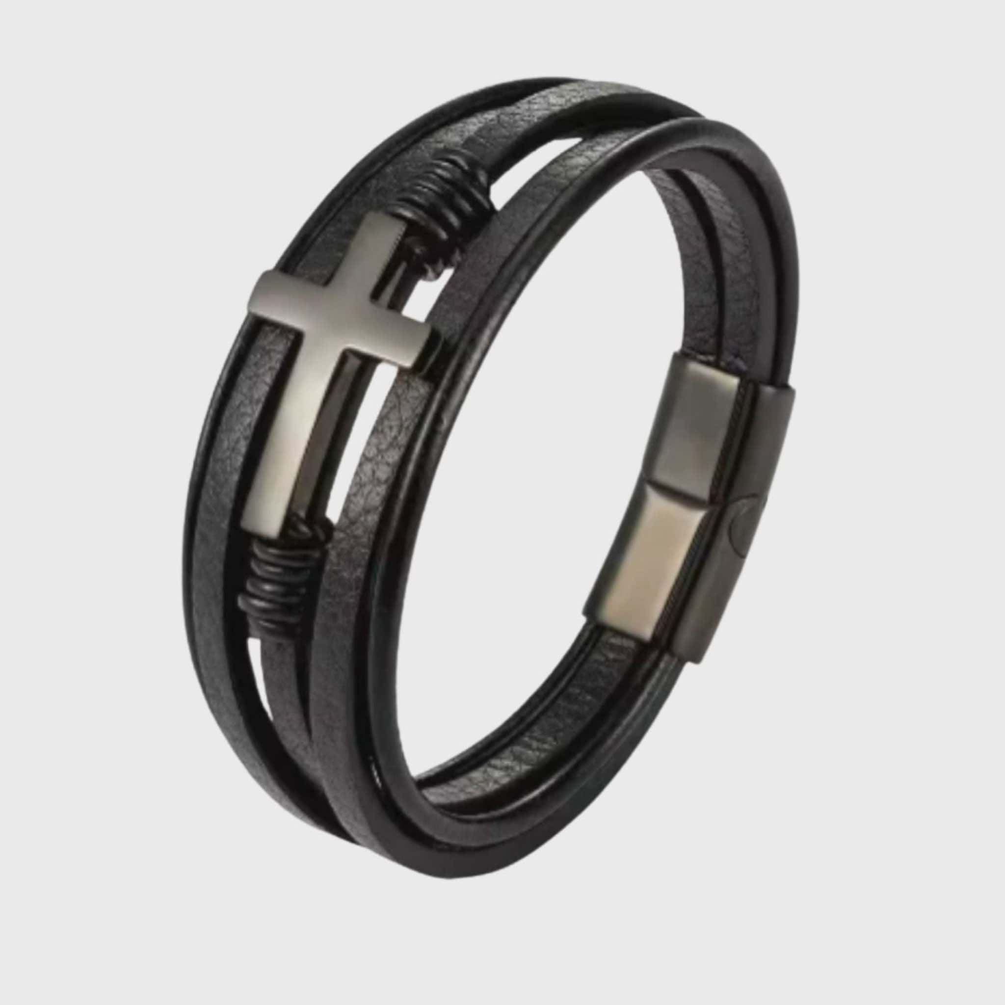 Bracelet David Cuir et Acier Inoxydable - Finition Argent - Bijoux Croix