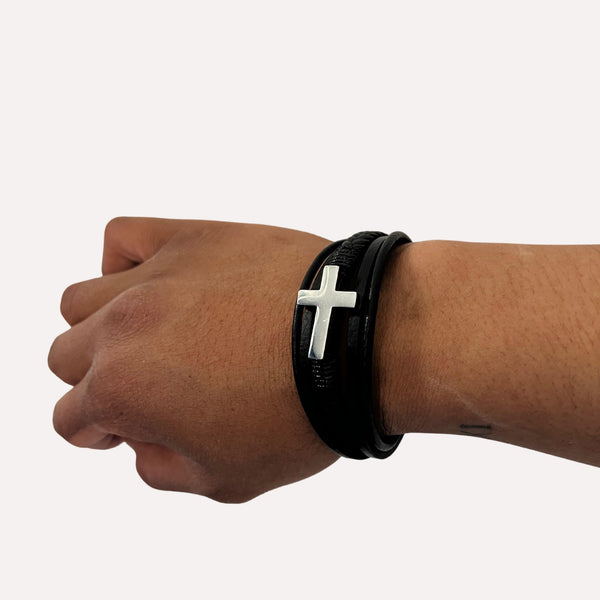 Bracelet David Cuir et Acier Inoxydable - Finition Argent - Vue secondaire