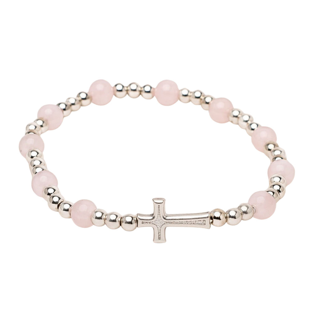Bracelet Maria en quartz rose avec croix chrétienne délicate