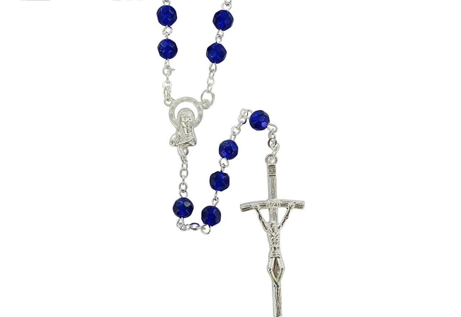 Chapelet en Verre de Cristal Bleu - Bijoux Croix