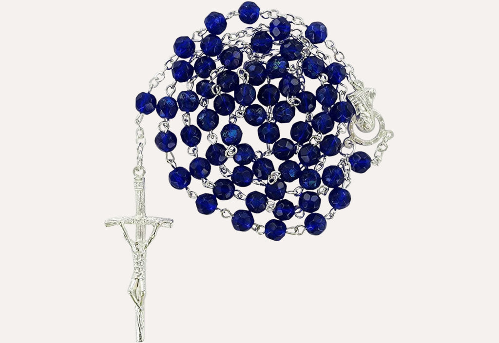 Chapelet en Verre de Cristal Bleu - Bijoux Croix