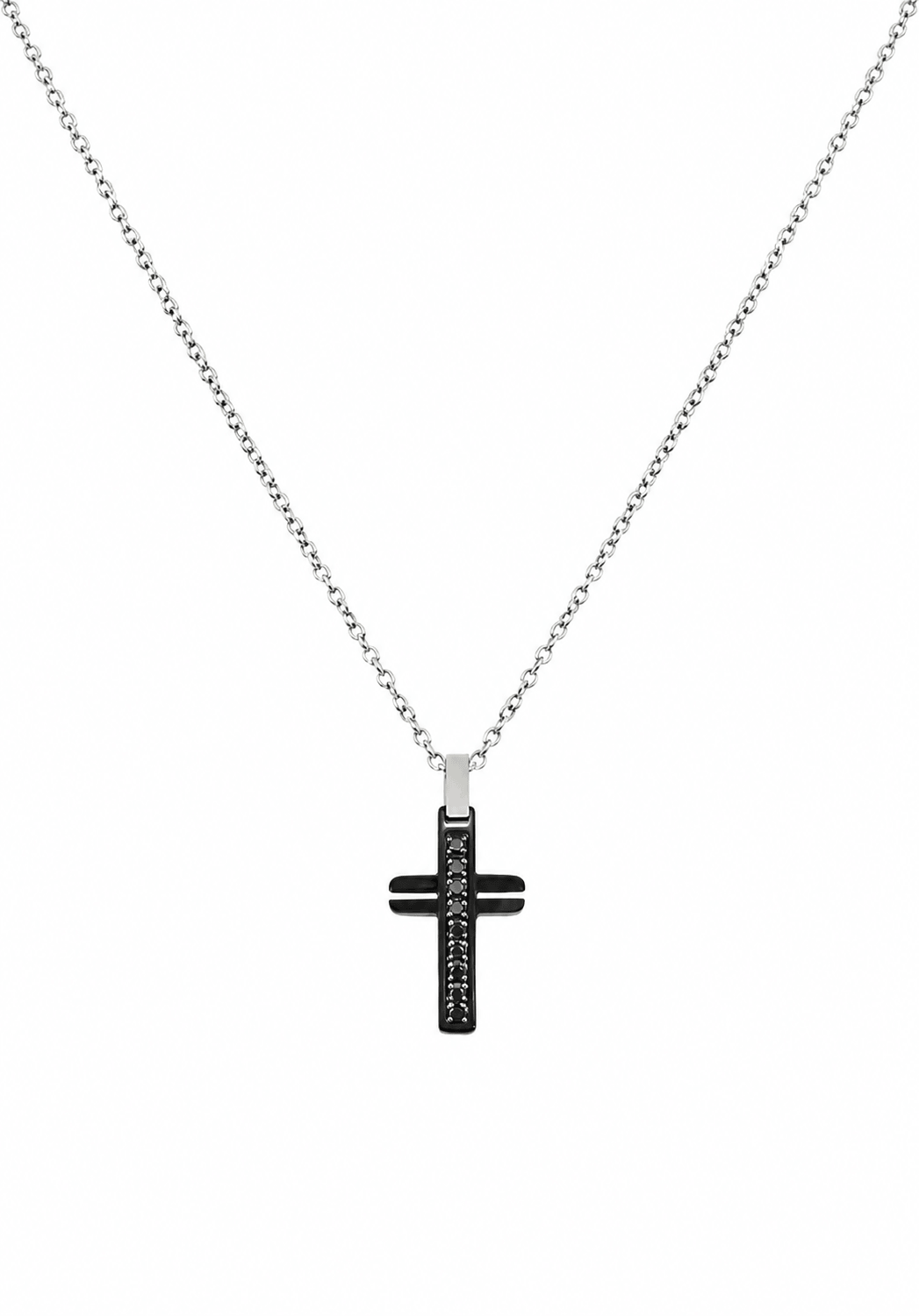 Collier croix homme brillant en acier argenté et noir