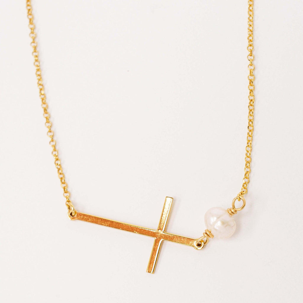 Collier Croix Horizontale Abigaïl Argent Plaqué Or et Perle d'eau Douce - Bijoux Croix