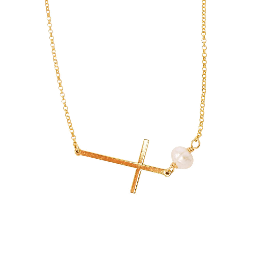 Collier Croix Horizontale Abigaïl Argent Plaqué Or et Perle d'eau Douce 
