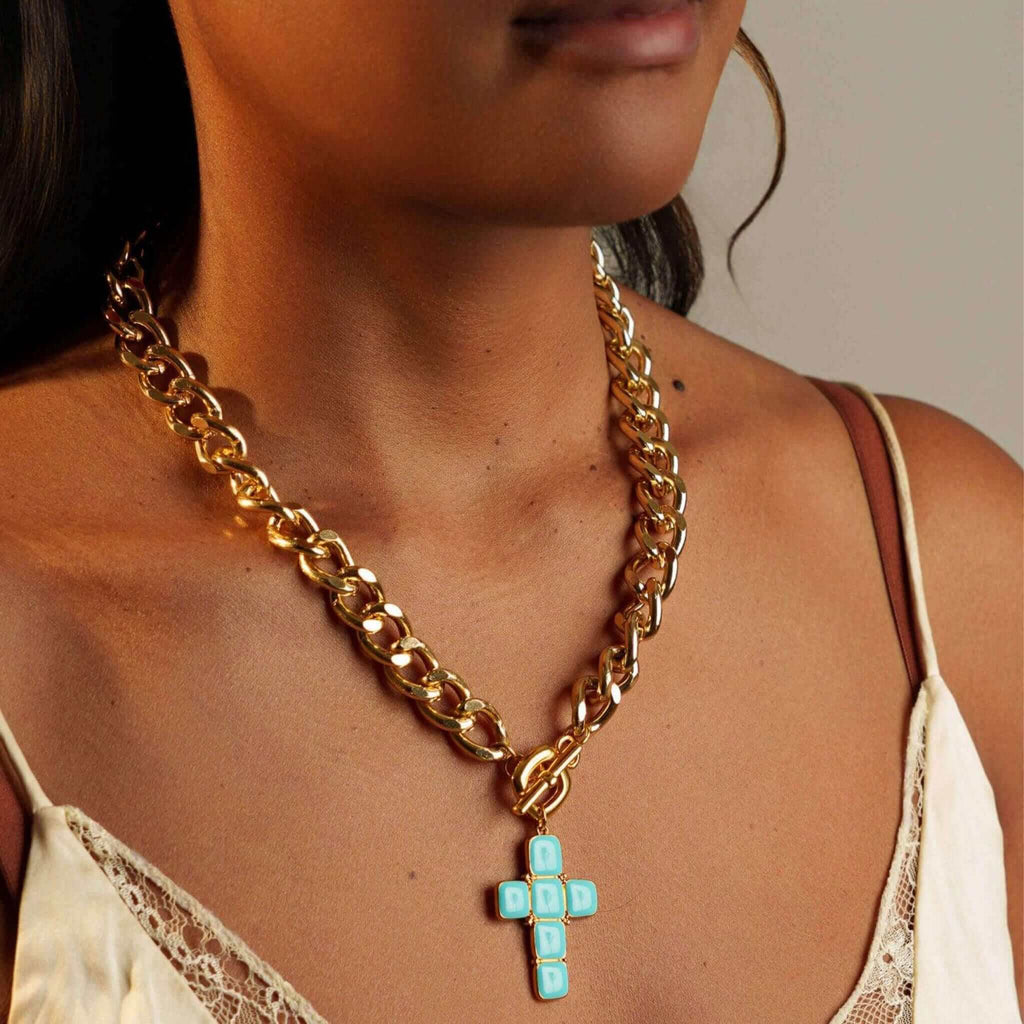 Collier Croix Léa en Émail Bleu Turquoise - Bijoux Croix