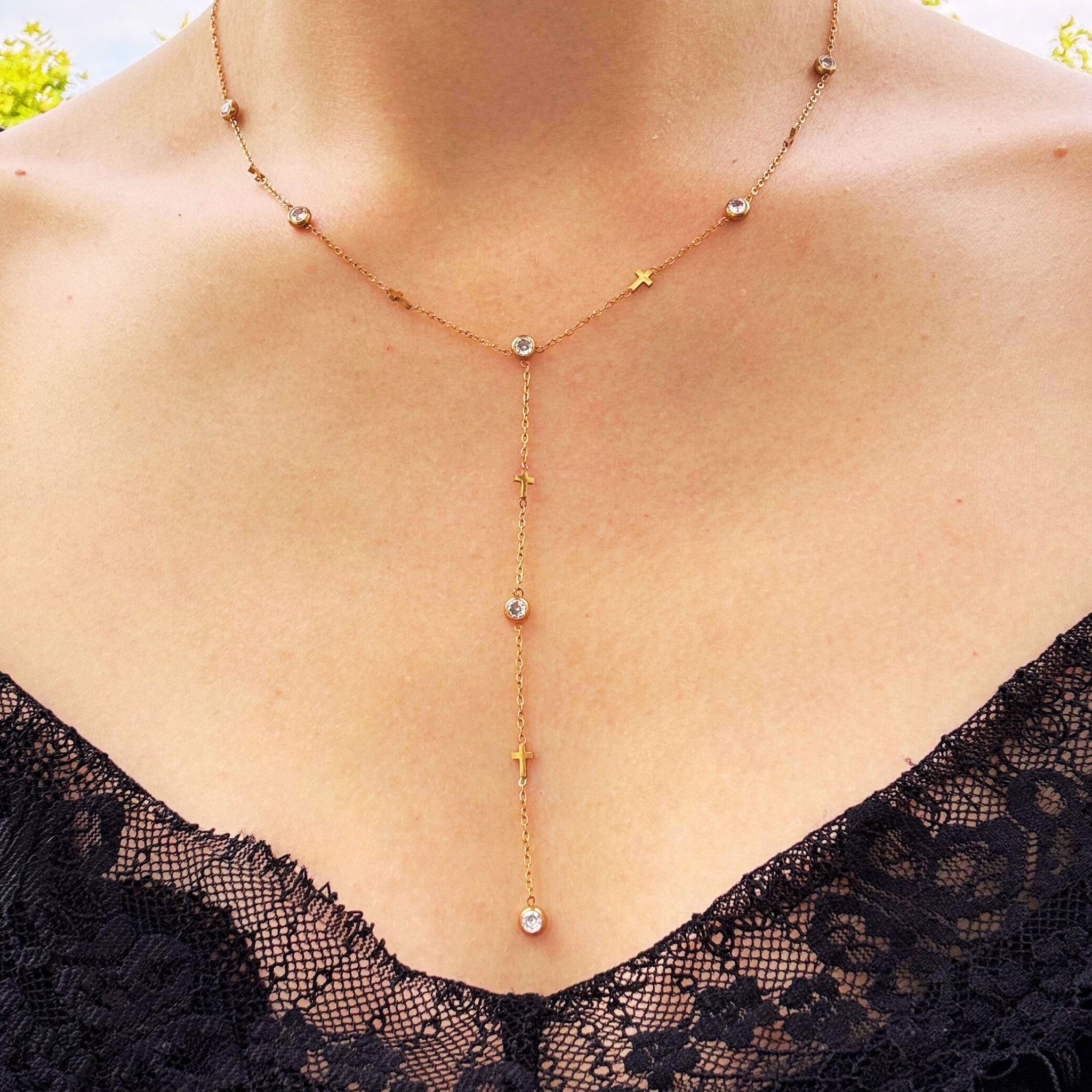 Collier Croix long - Acier Inoxydable Plaqué Or - Bijoux Croix