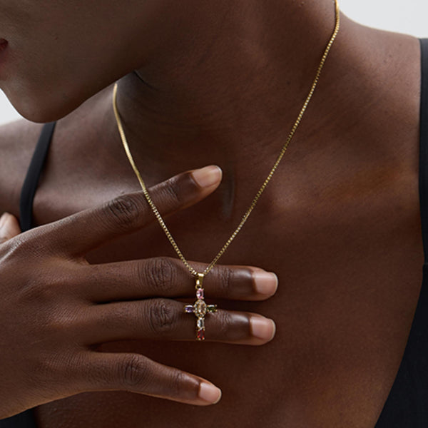 Collier Croix Multicolore Acier Inoxydable et Zircons - Vue secondaire