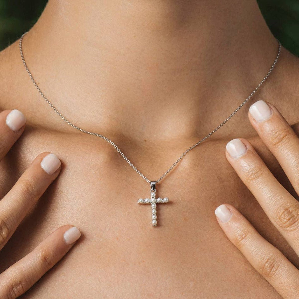 Collier Croix Perles Finition Argent - Bijoux Croix