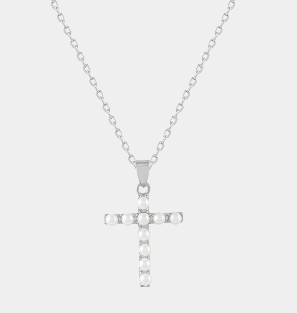 Collier Croix Perles Finition Argent - Bijoux Croix