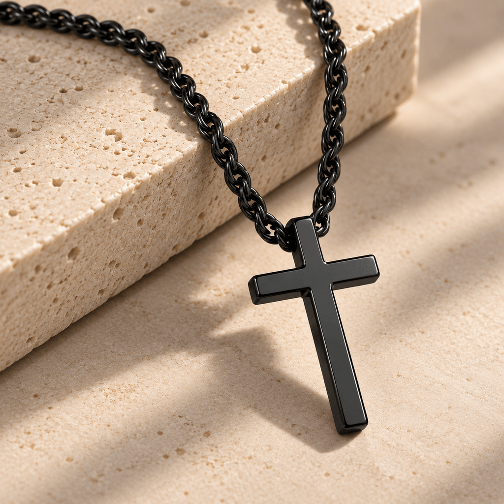 Collier croix Pilier de Foi portée autour du cou - Mise en situation