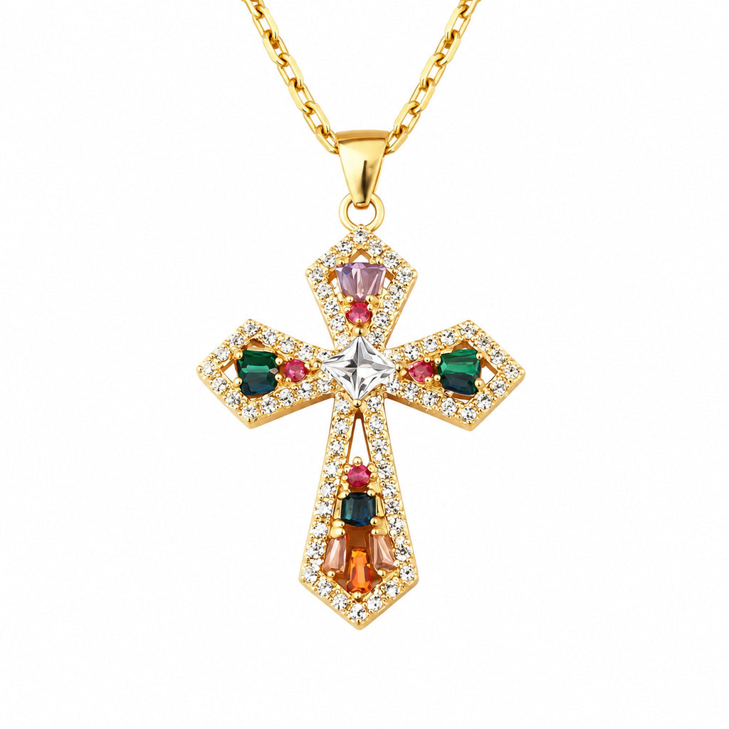 Collier Croix Templière avec pierres colorées - Bijoux Croix
