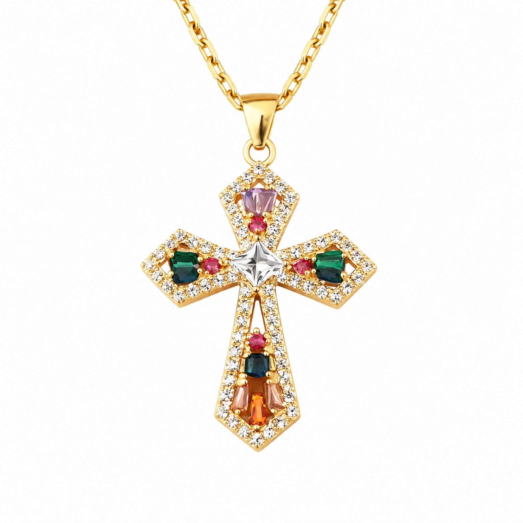 Collier Croix Templière avec pierres colorées - Bijoux Croix