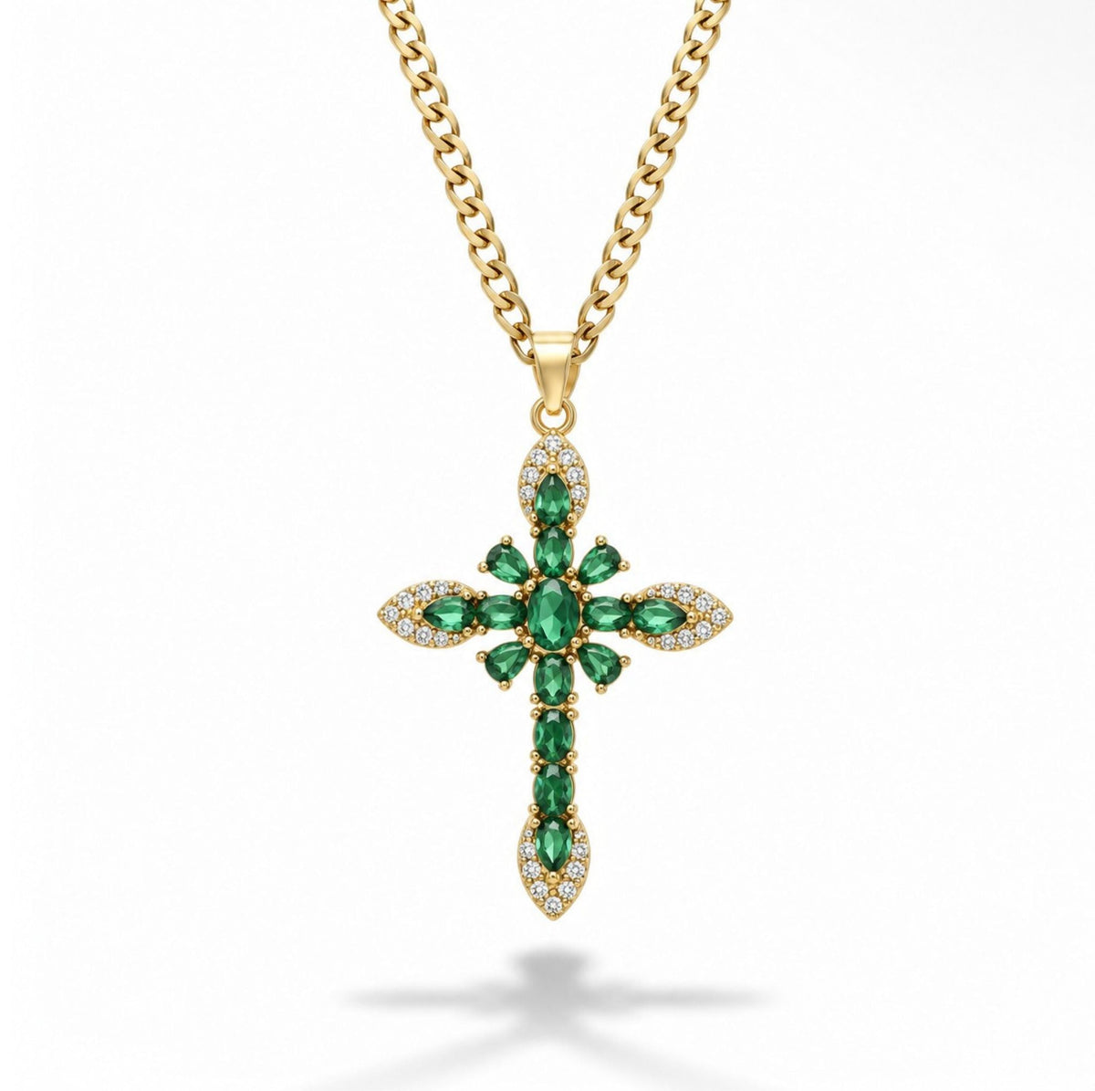 Collier Croix vert émeraude doré avec pendentif chrétien