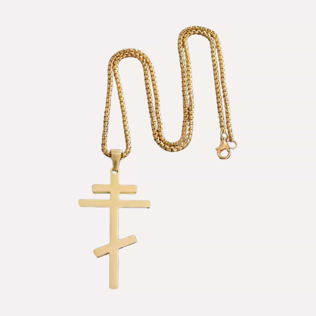 Collier Orthodoxe en acier inoxydable doré aveccroix à trois traverses 
