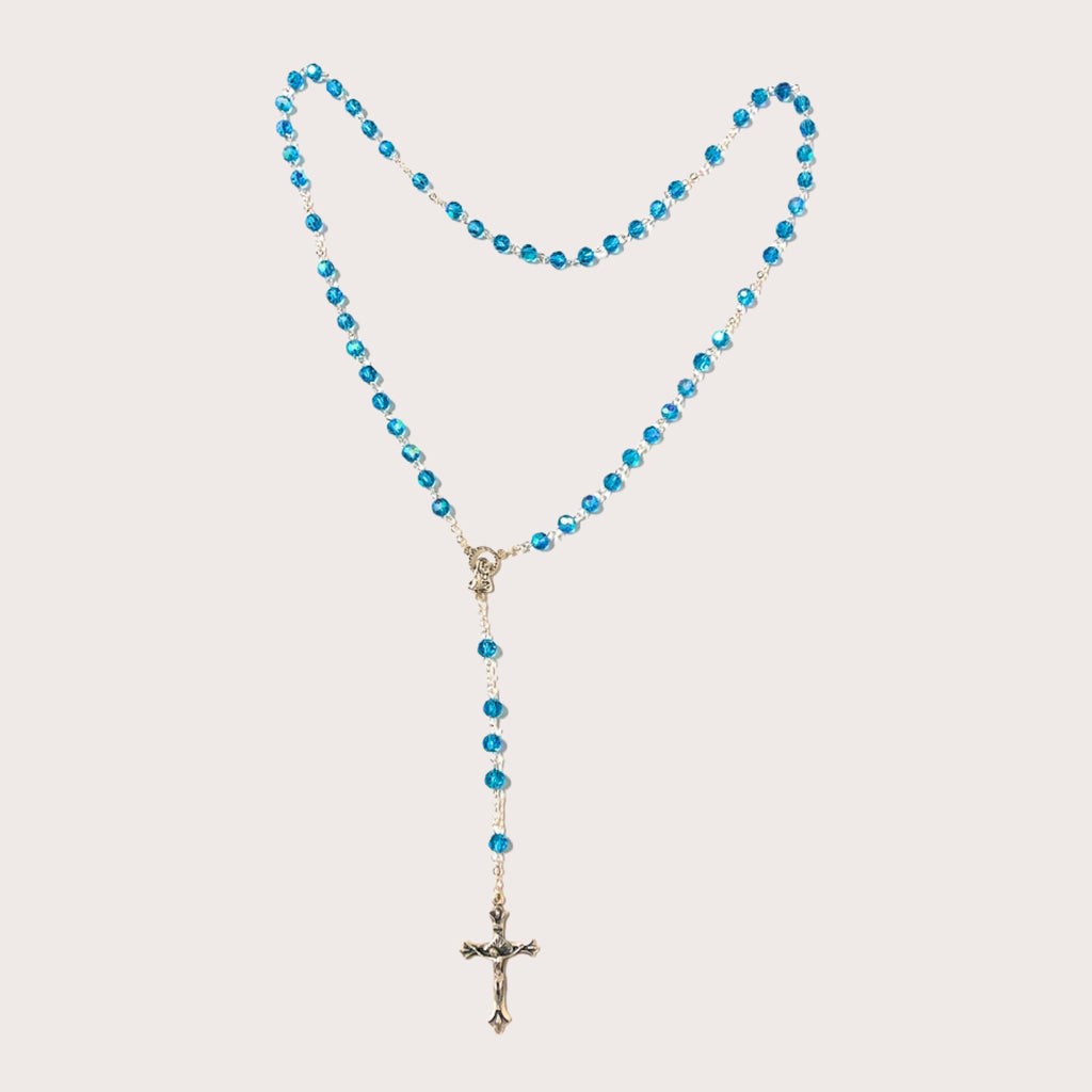 Chapelet en cristal aigue - marine - Bijoux Croix