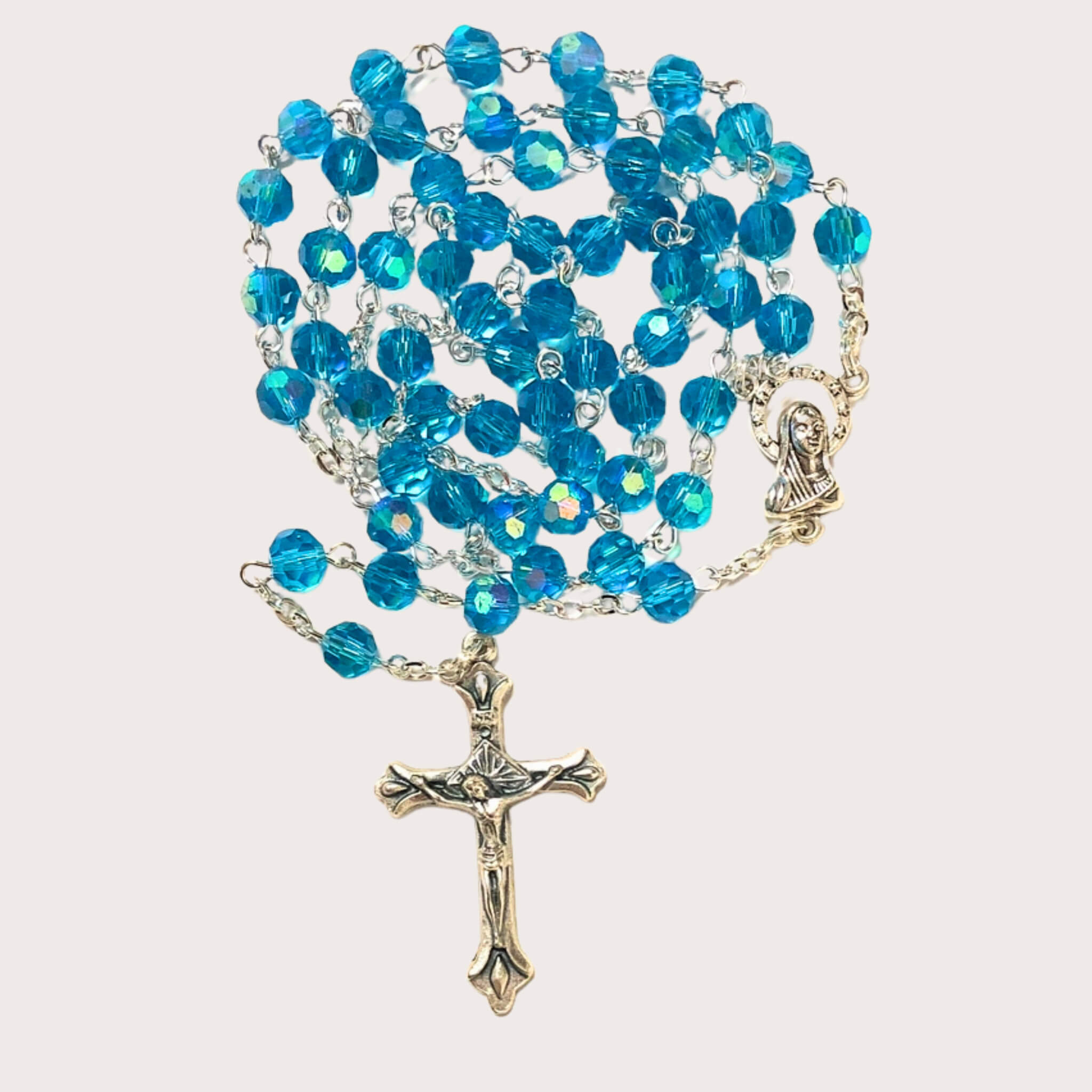 Chapelet en cristal aigue - marine - Bijoux Croix
